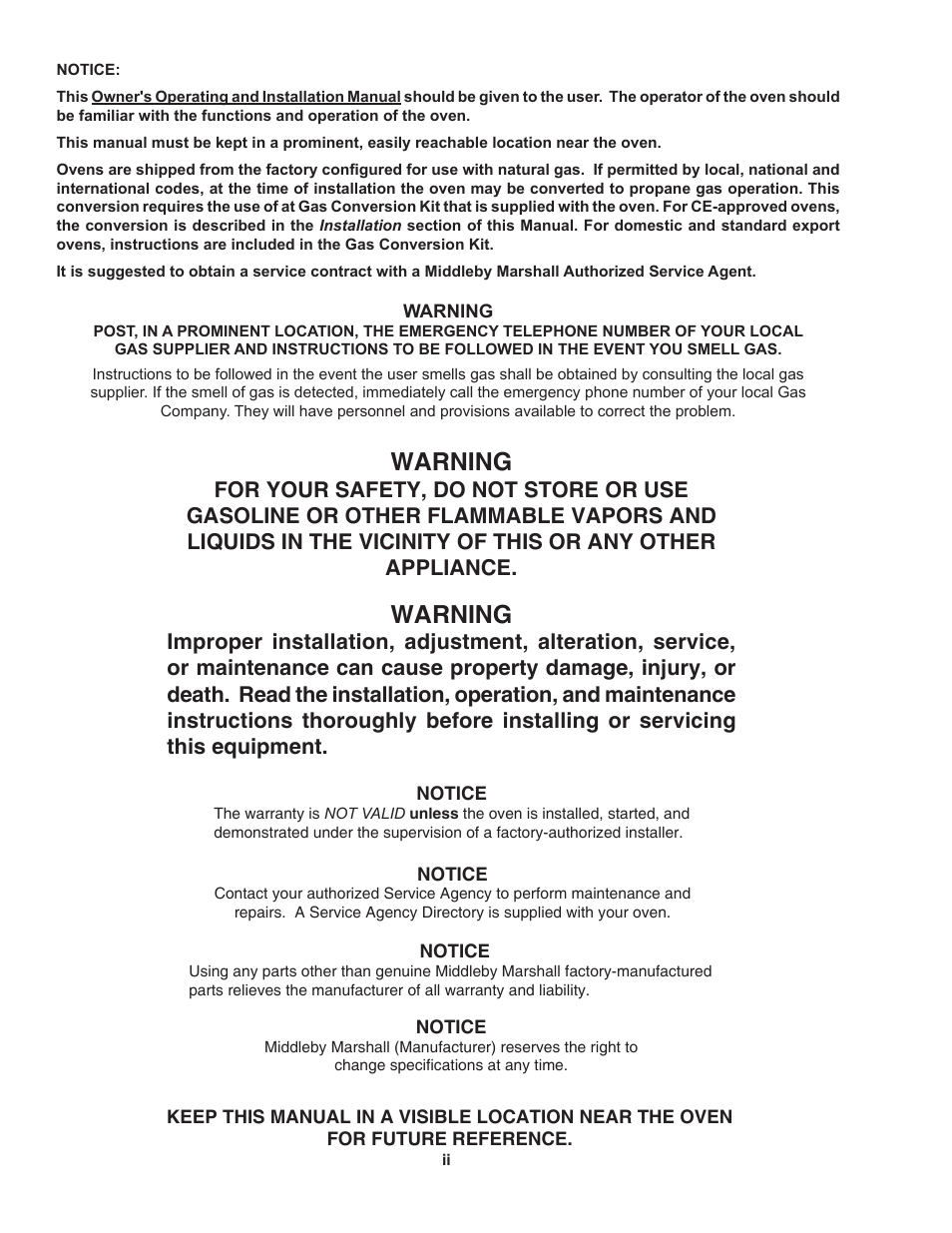 Warning | Middleby Marshall Oven PS528G User Manual | Page 2 / 48