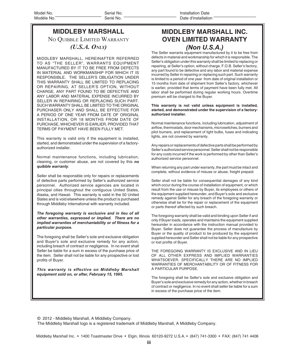 Middleby marshall n, U.s.a. o | Middleby Marshall Oven PS528G User Manual | Page 3 / 48
