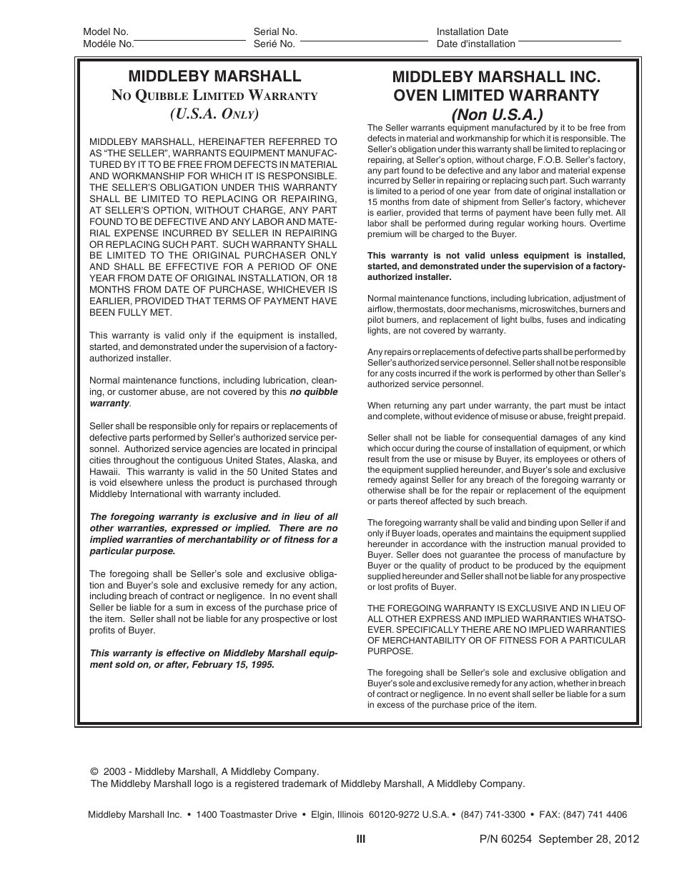 Middleby marshall n, U.s.a. o | Middleby Marshall PS740 Series Electric Ovens 60254 User Manual | Page 3 / 36