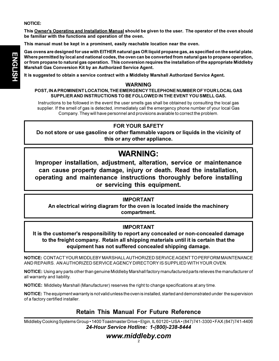 Warning, English | Middleby Marshall PS555G GAS User Manual | Page 2 / 24