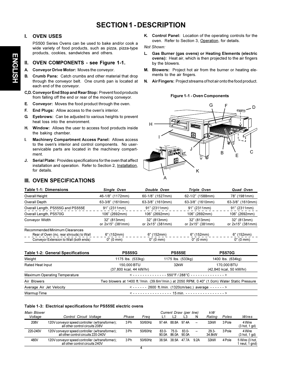 Iii. oven specifications | Middleby Marshall PS555G GAS User Manual | Page 4 / 24