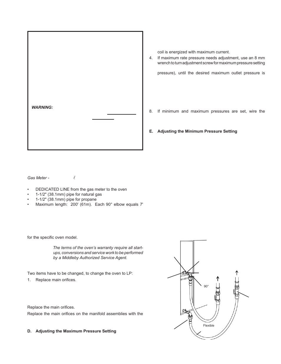 V. gas supply caution, Figure 2-15 - flexible gas hose installation | Middleby Marshall PS528-SERIES PS528G User Manual | Page 19 / 48