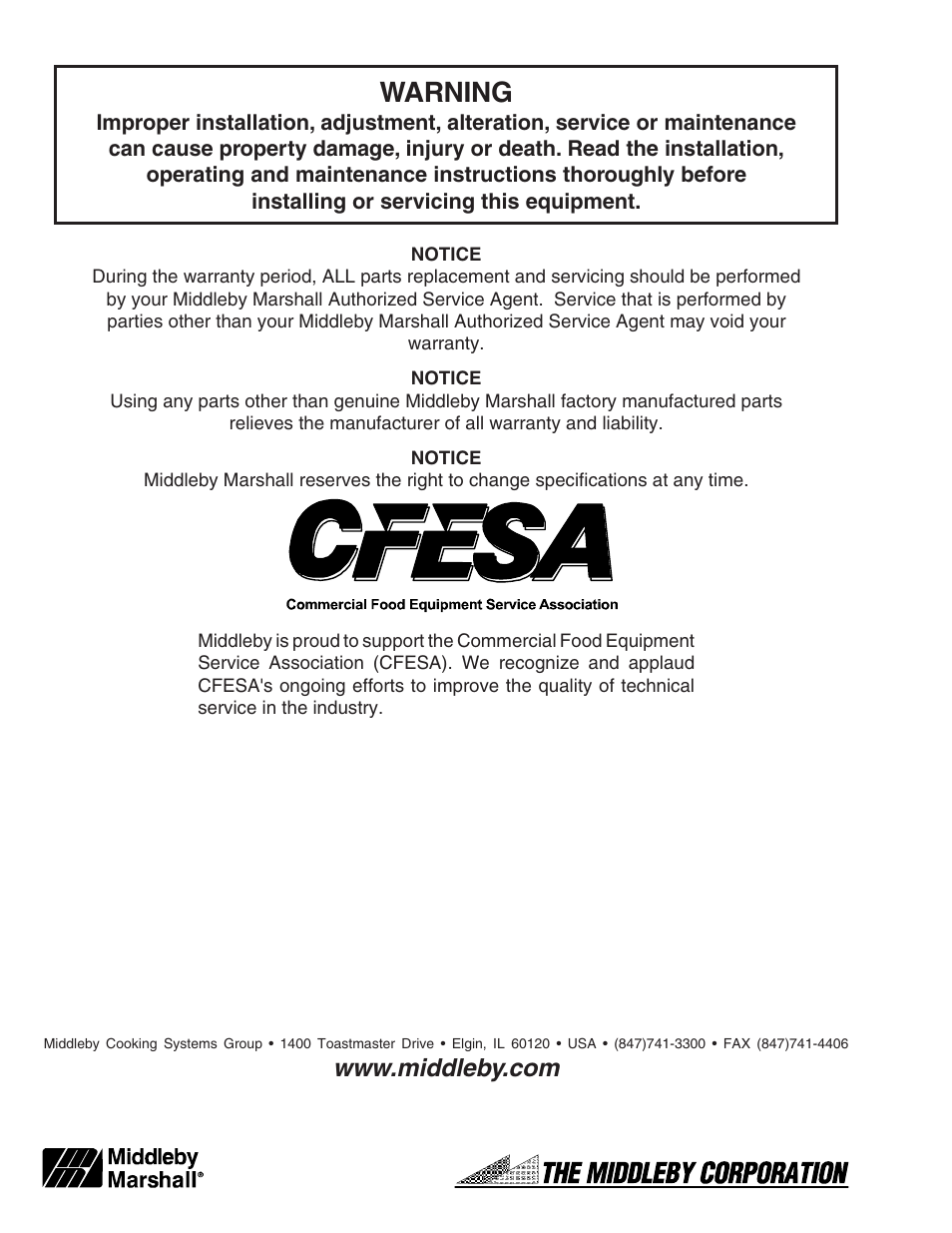 Warning | Middleby Marshall PS640 User Manual | Page 36 / 36