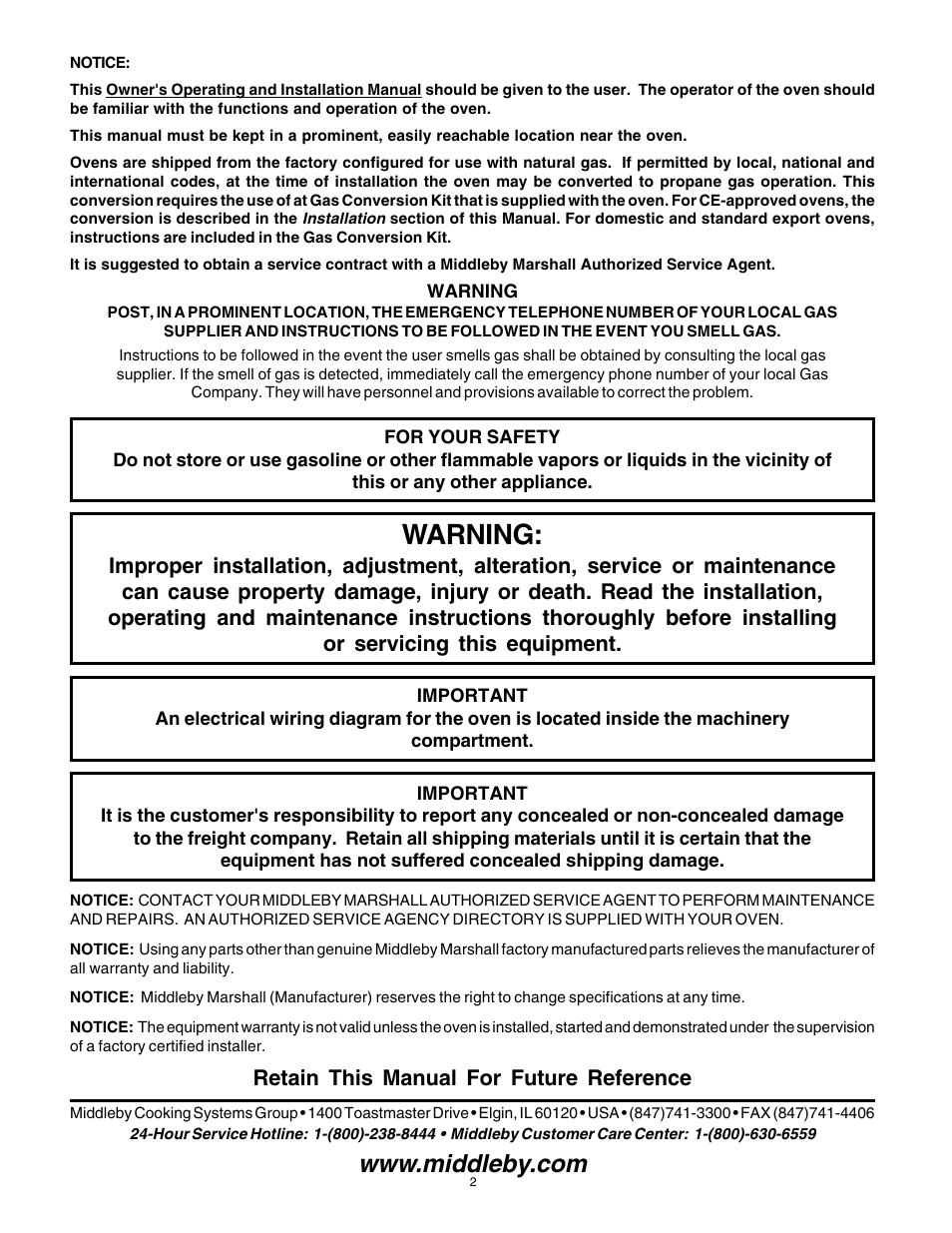 Warning, English, Retain this manual for future reference | Middleby Marshall Gas Ovens PS53GS Gas User Manual | Page 2 / 44