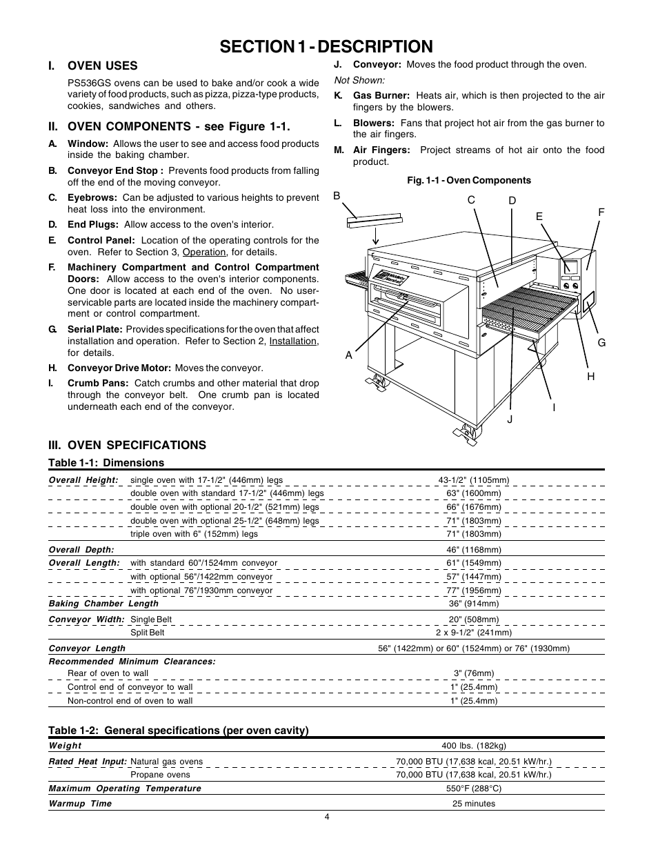 English, Iii. oven specifications, I. oven uses | Ii. oven components - see figure 1-1 | Middleby Marshall Gas Ovens PS53GS Gas User Manual | Page 4 / 44