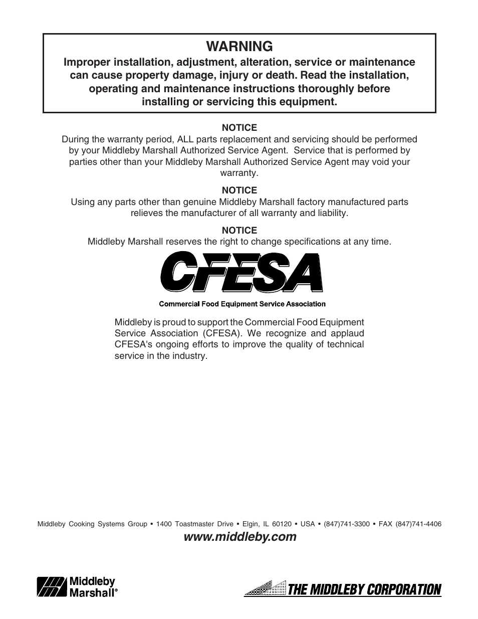 Warning | Middleby Marshall PS740E User Manual | Page 36 / 36