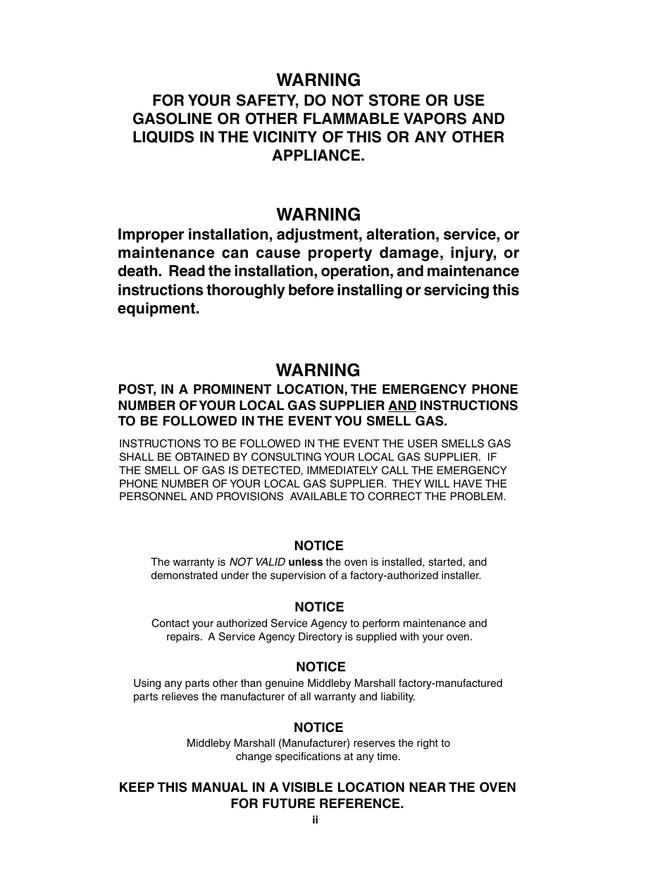 Warning | Middleby Marshall PS540-Series Ovens PS540G User Manual | Page 2 / 76