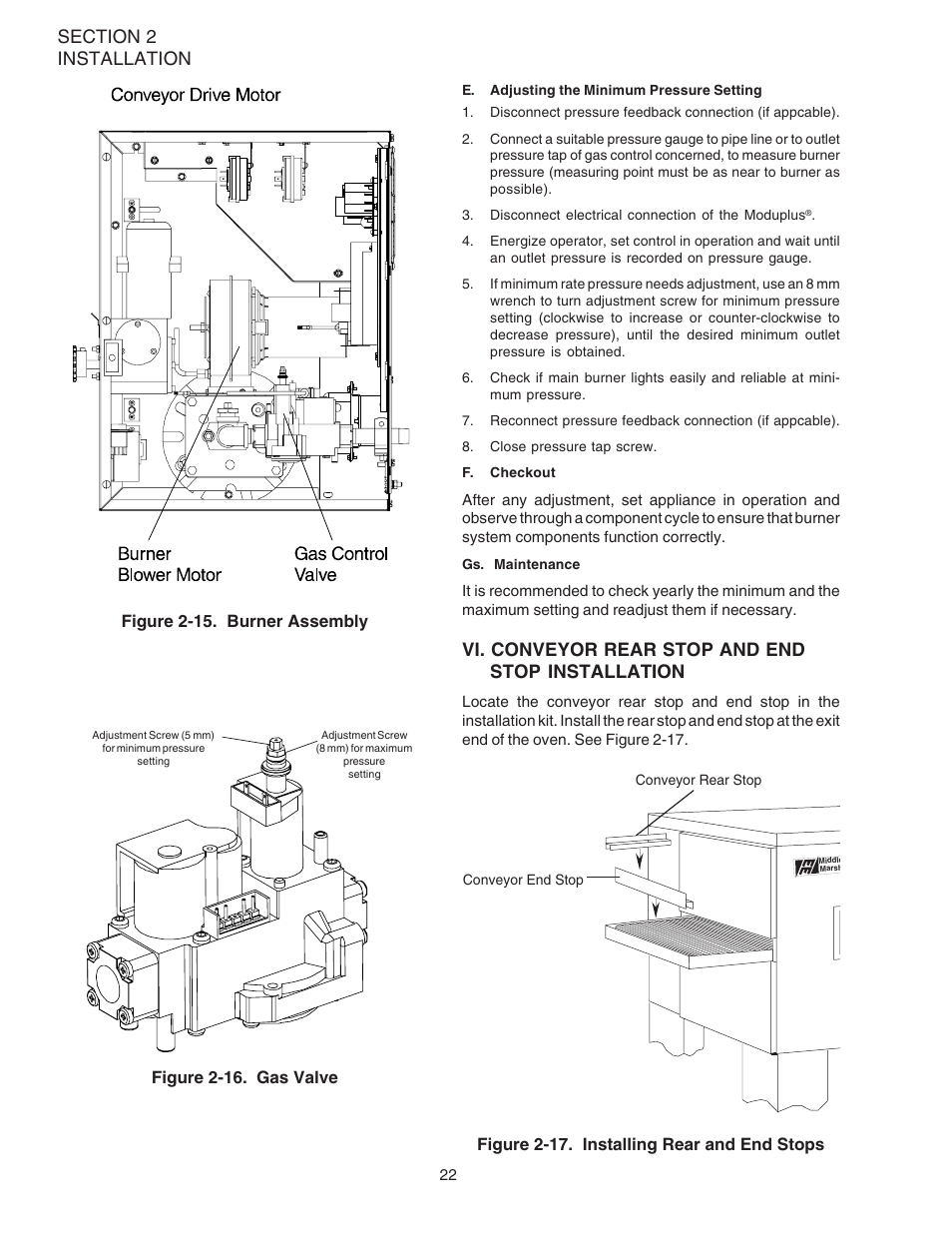 Vi. conveyor rear stop and end stop installation, Figure 2-17. installing rear and end stops | Middleby Marshall PS540-Series Ovens PS540G User Manual | Page 26 / 76