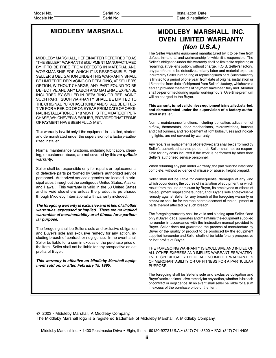 Non u.s.a.), Middleby marshall inc. oven limited warranty, Middleby marshall n | U.s.a. o | Middleby Marshall PS540-Series Ovens PS540G User Manual | Page 3 / 76