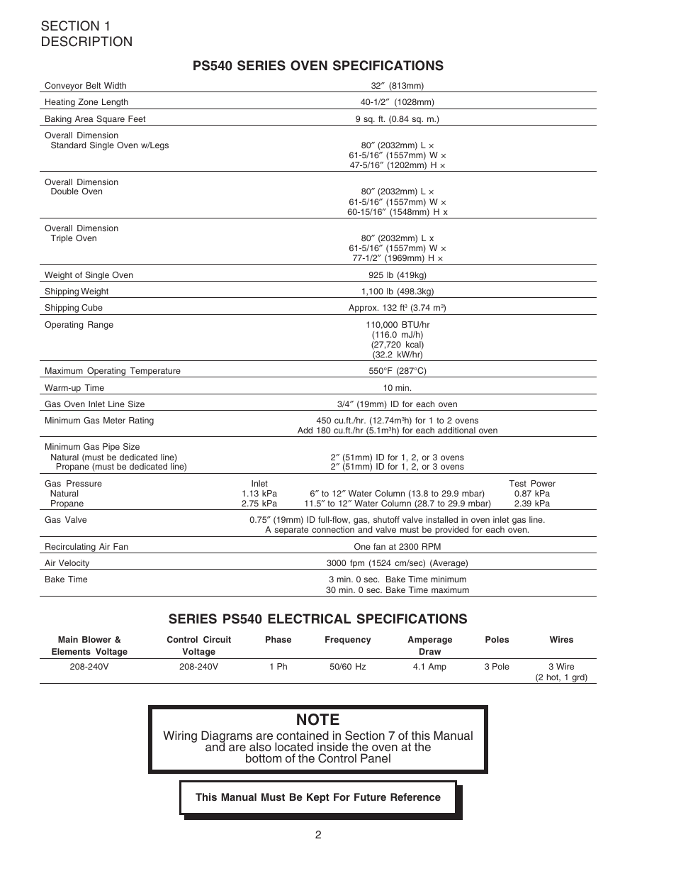 Series ps540 electrical specifications | Middleby Marshall PS540-Series Ovens PS540G User Manual | Page 6 / 76