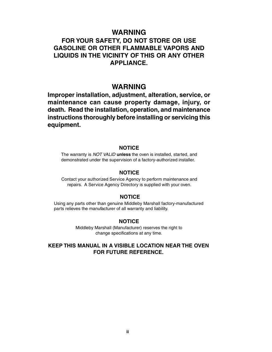 Warning | Middleby Marshall PS520 User Manual | Page 2 / 60