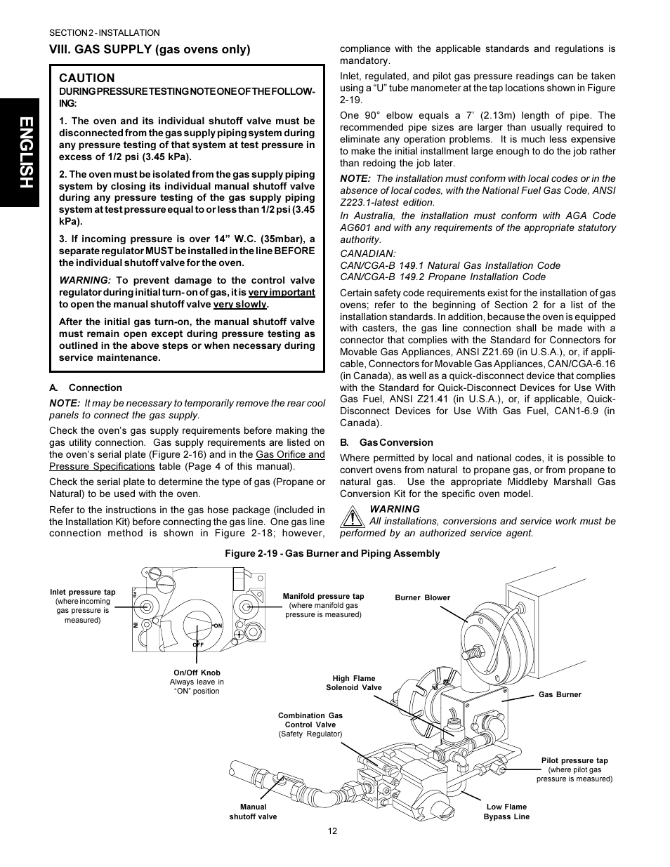 English, Viii. gas supply (gas ovens only), Caution | Middleby Marshall PS314SBI User Manual | Page 12 / 20