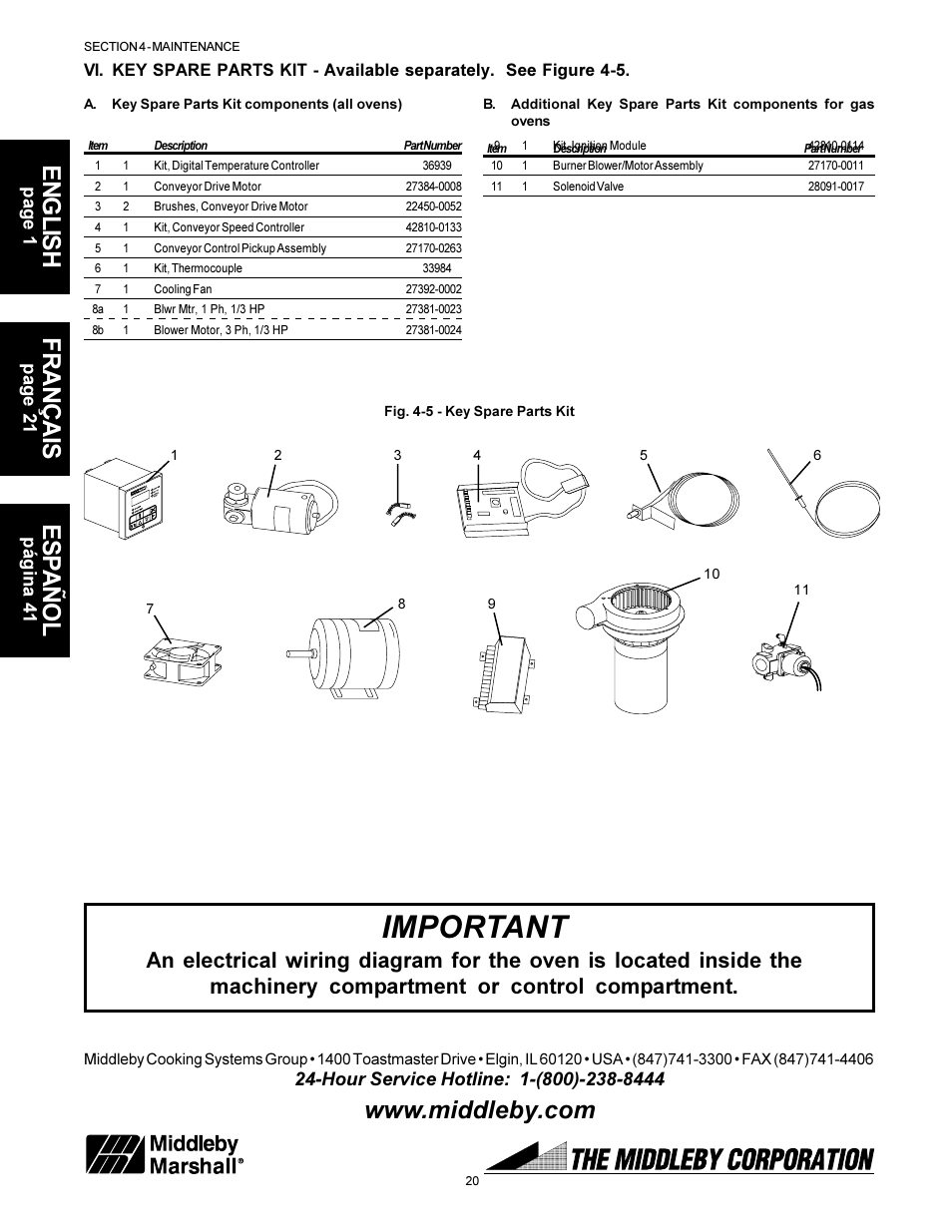 Important, English français es pañol | Middleby Marshall PS314SBI User Manual | Page 20 / 20