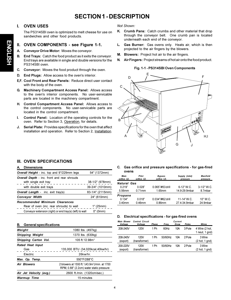 I. oven uses, Ii. oven components - see figure 1-1, Iii. oven specifications | Middleby Marshall PS314SBI User Manual | Page 4 / 20
