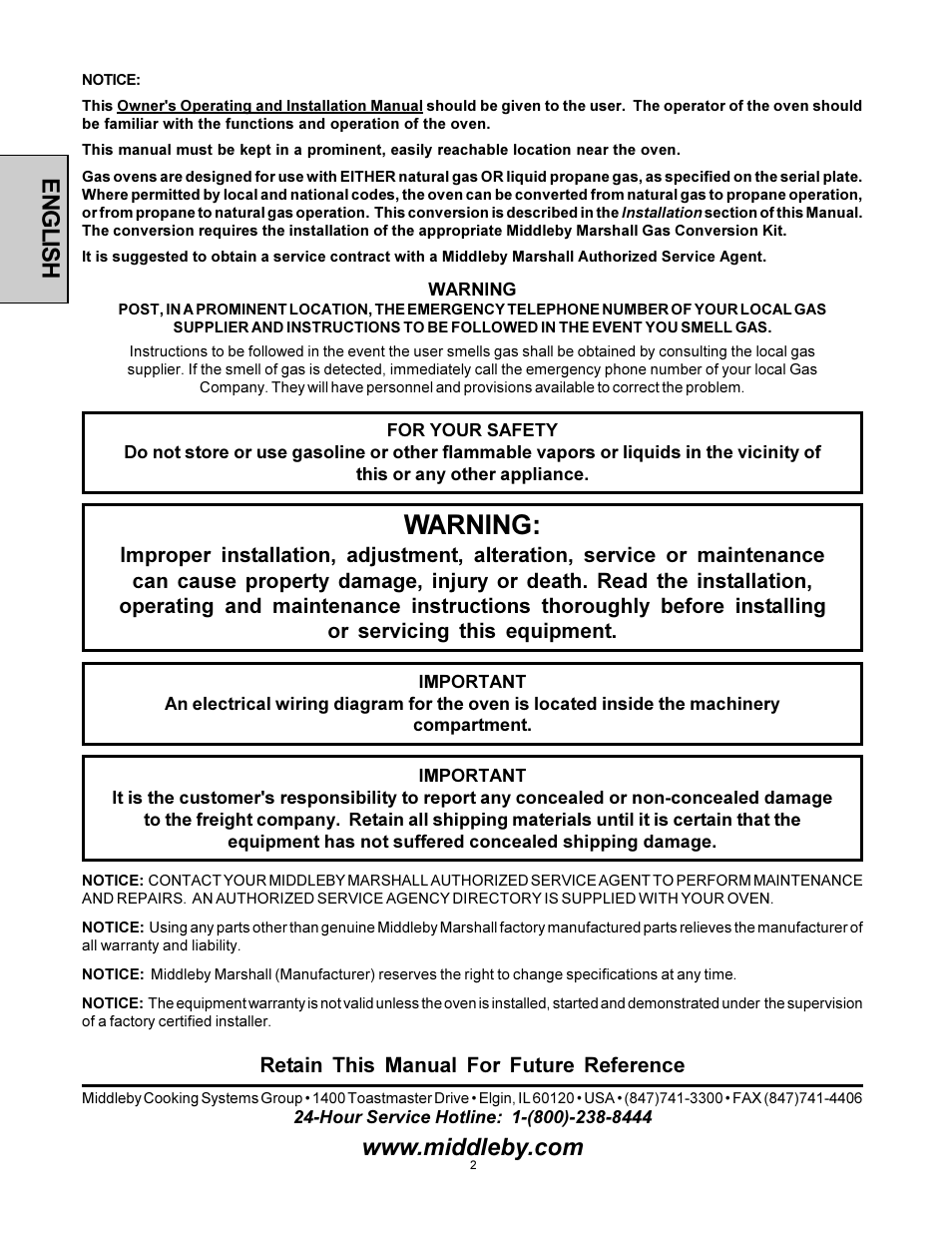 Warning, English | Middleby Marshall Model PS536 User Manual | Page 2 / 34