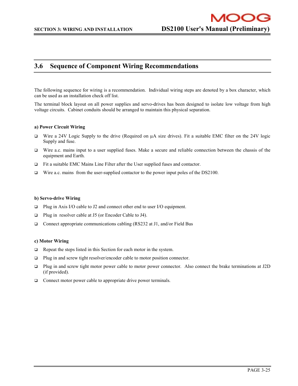 Sequence of component wiring, Ds2100 user's manual (preliminary), 6 sequence of component wiring recommendations | Moog DS2100 User Manual | Page 31 / 81