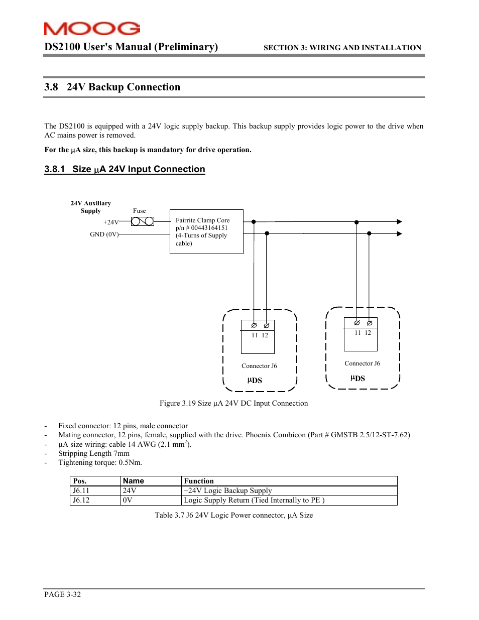 24v backup connection, Ds2100 user's manual (preliminary), 8 24v backup connection | Moog DS2100 User Manual | Page 38 / 81