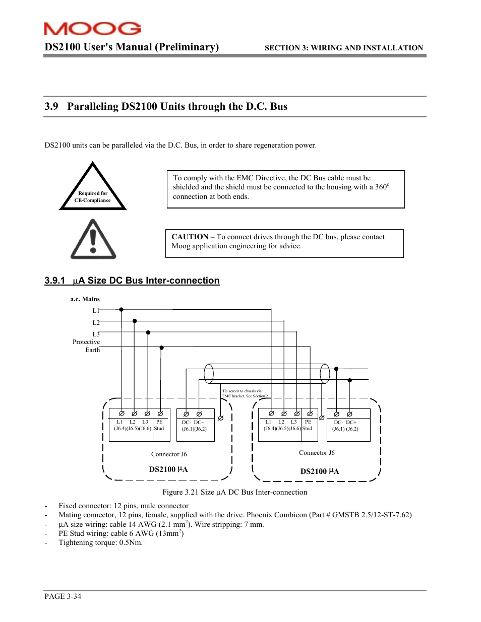 Paralleling through the dc bus, Ds2100 user's manual (preliminary), 1 m a size dc bus inter-connection | Moog DS2100 User Manual | Page 40 / 81