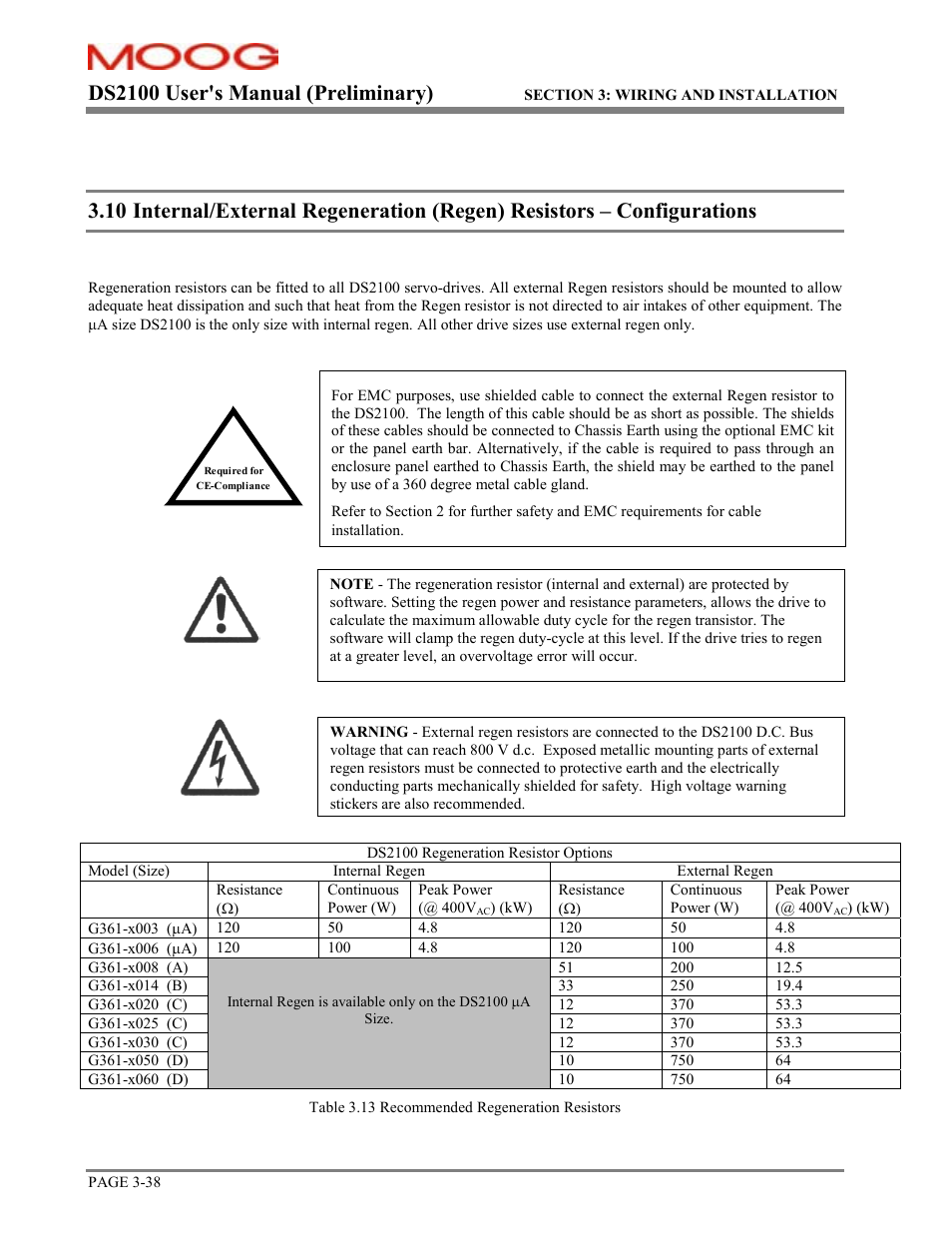 Internal/external regeneration resistors, Ds2100 user's manual (preliminary) | Moog DS2100 User Manual | Page 44 / 81