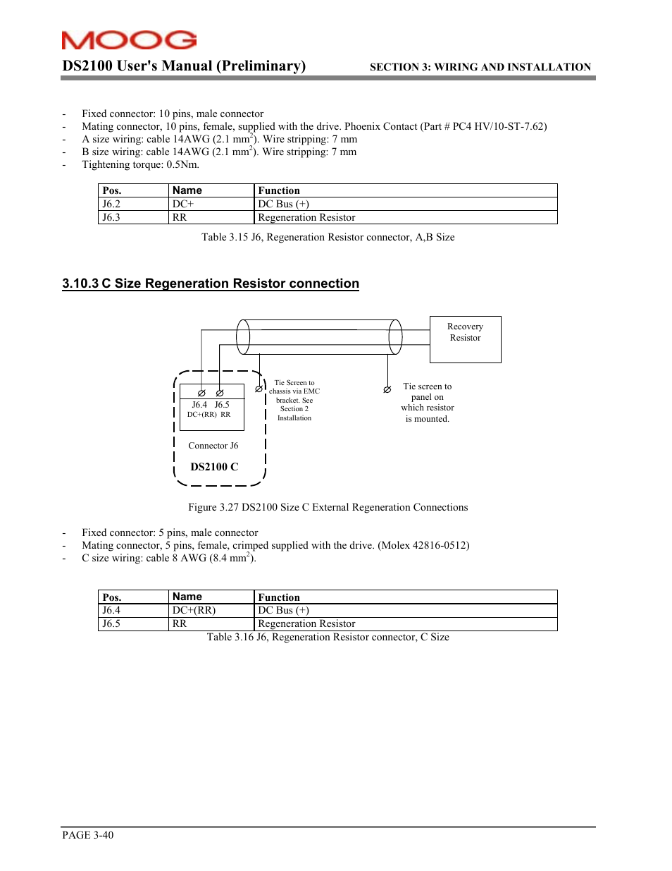 Ds2100 user's manual (preliminary), 3 c size regeneration resistor connection | Moog DS2100 User Manual | Page 46 / 81