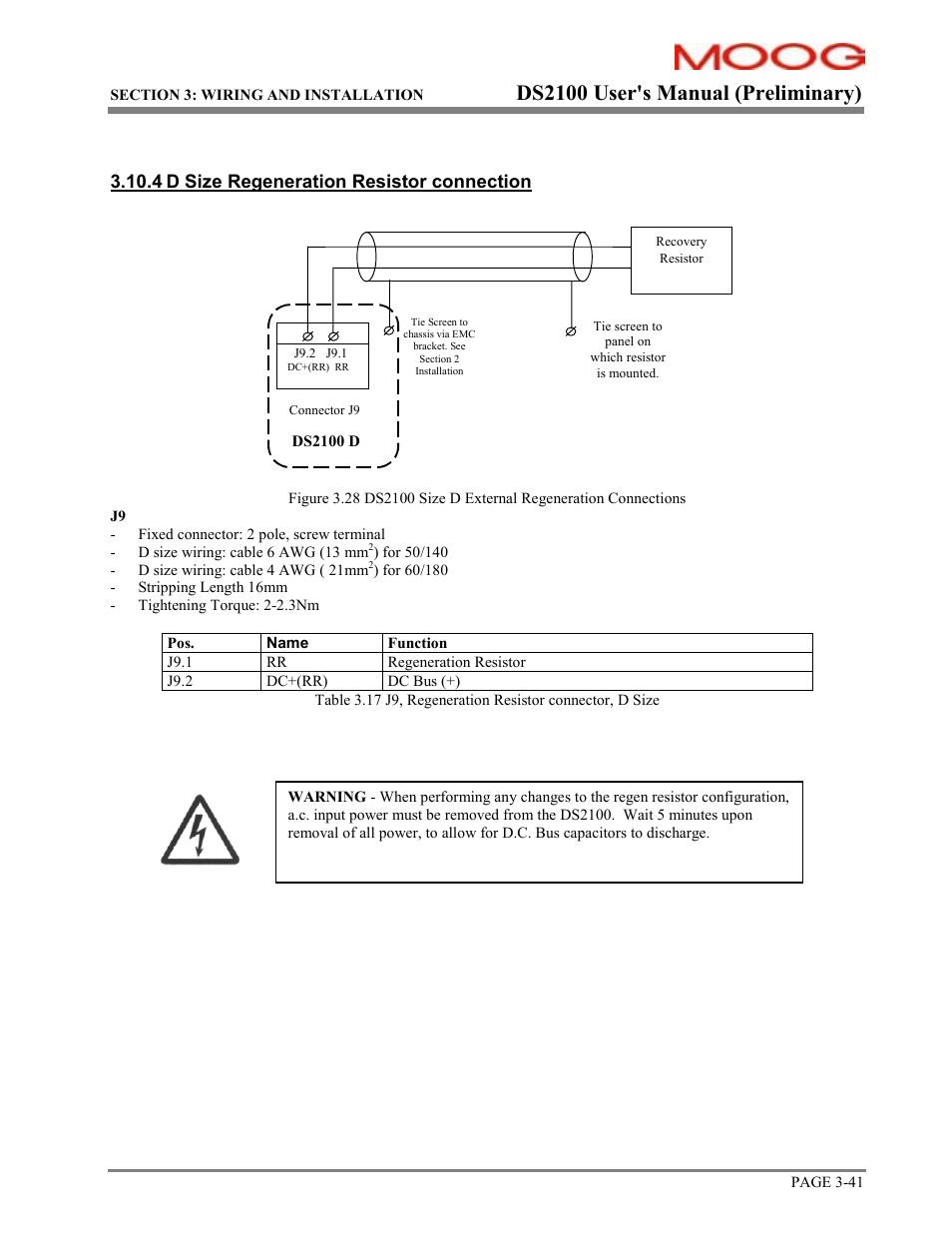 Ds2100 user's manual (preliminary), 4 d size regeneration resistor connection | Moog DS2100 User Manual | Page 47 / 81