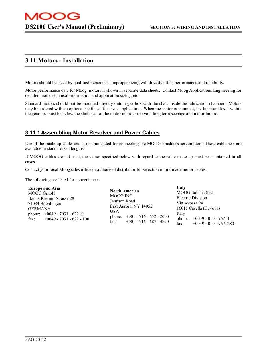 Motors - installation, Ds2100 user's manual (preliminary), 11 motors - installation | Moog DS2100 User Manual | Page 48 / 81