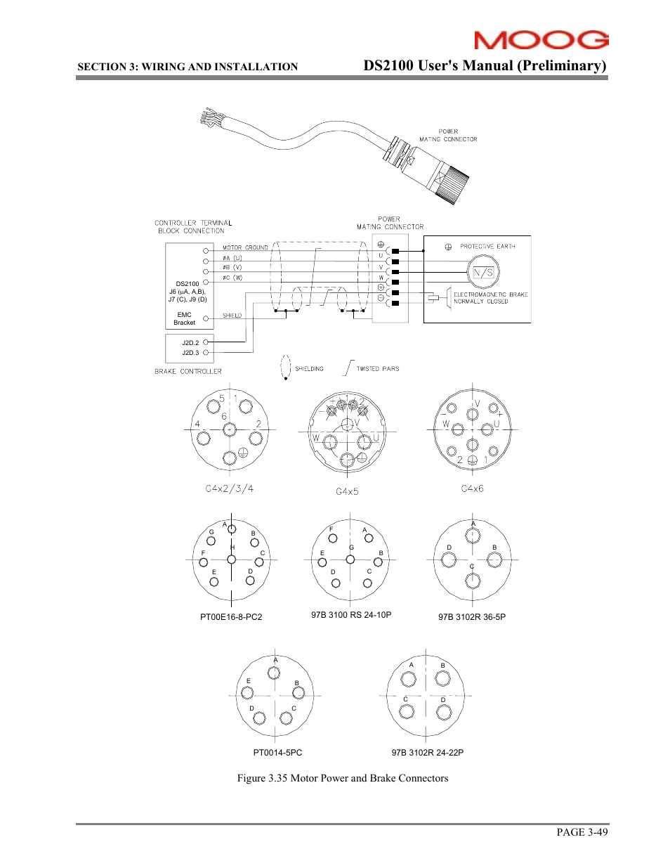 Ds2100 user's manual (preliminary), Page 3-49, Figure 3.35 motor power and brake connectors | Moog DS2100 User Manual | Page 55 / 81