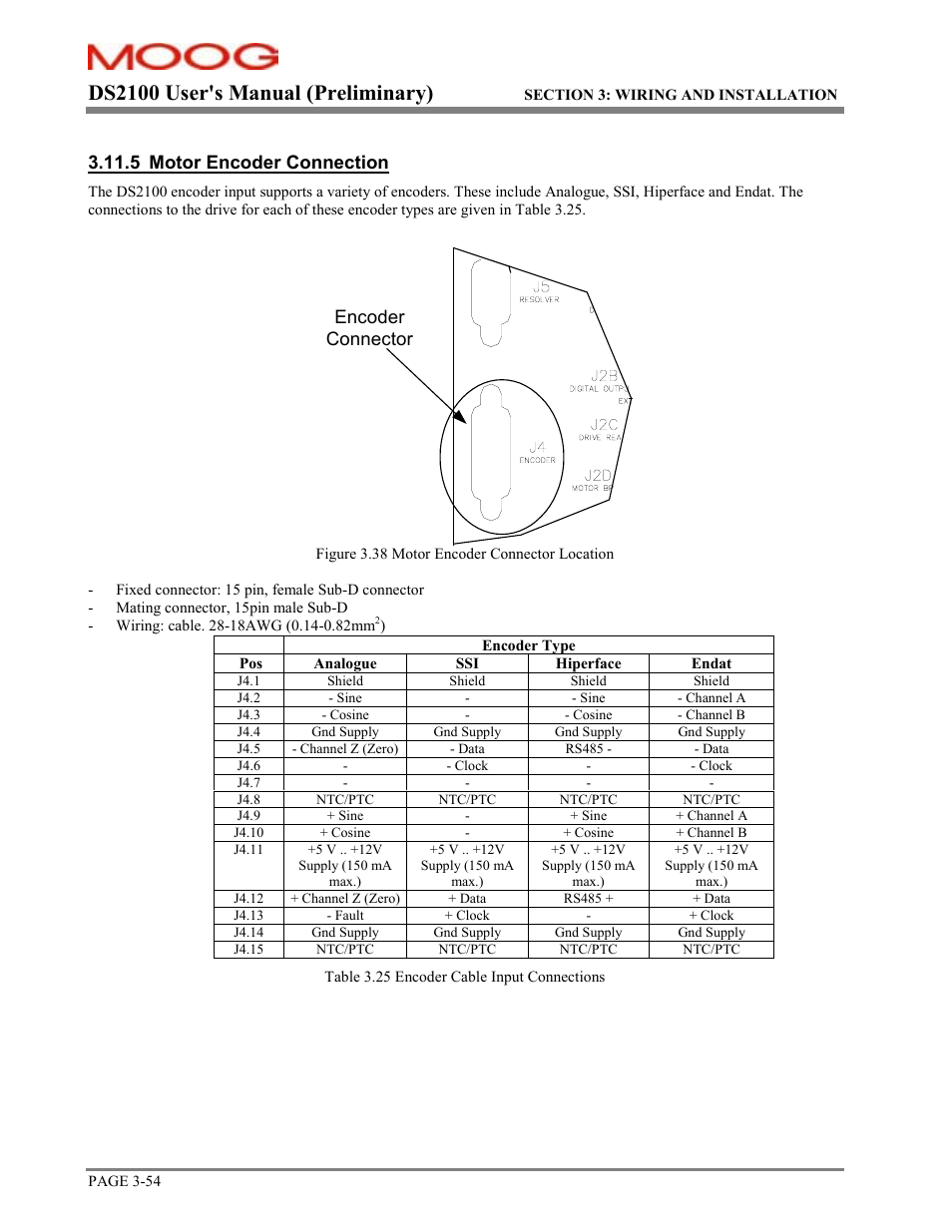 Ds2100 user's manual (preliminary), 5 motor encoder connection, Encoder connector | Moog DS2100 User Manual | Page 60 / 81