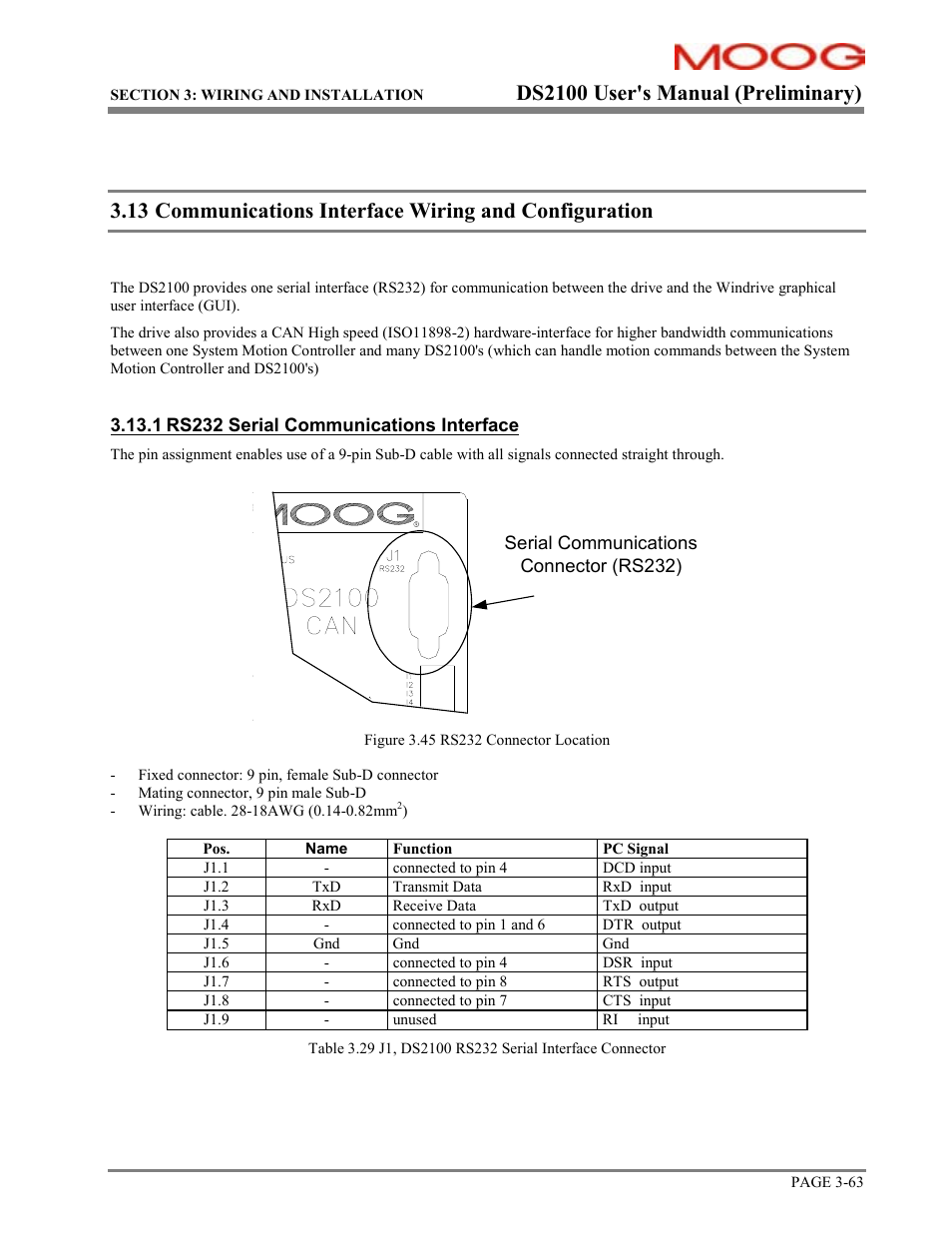 Communications interface wiring, Ds2100 user's manual (preliminary) | Moog DS2100 User Manual | Page 69 / 81