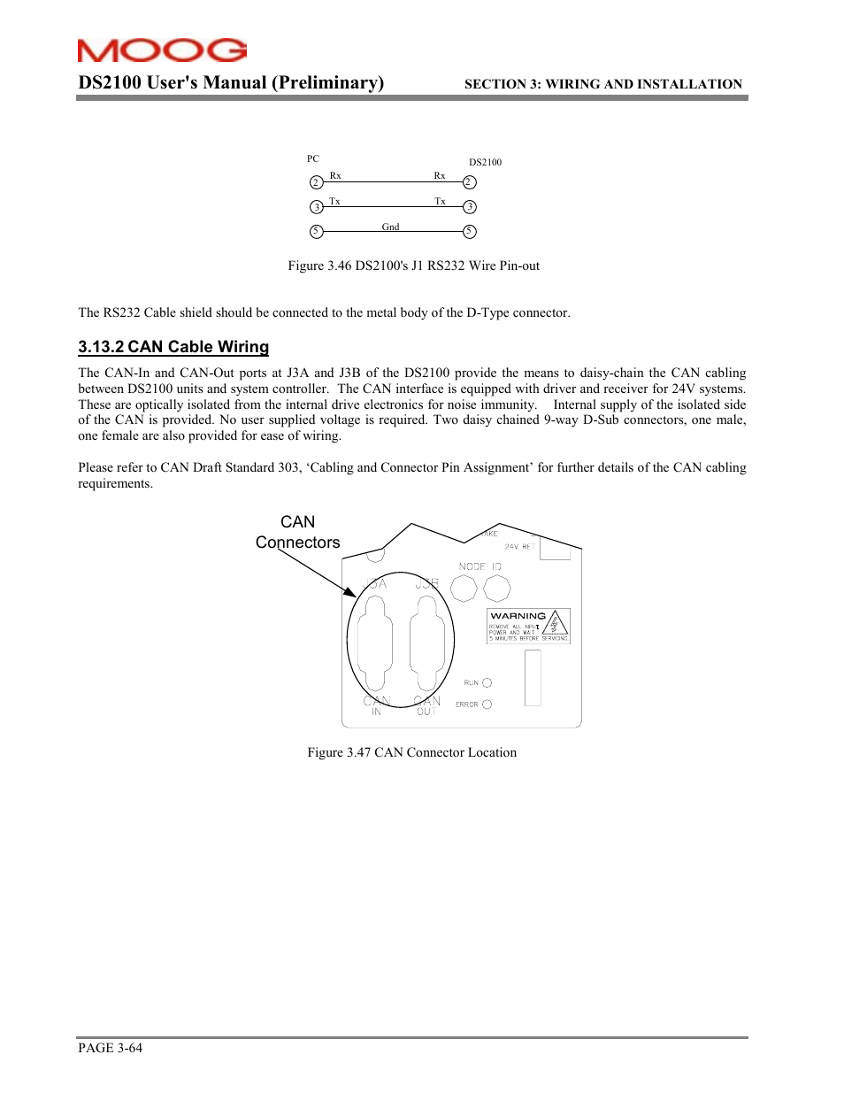 Ds2100 user's manual (preliminary), 2 can cable wiring, Can connectors | Moog DS2100 User Manual | Page 70 / 81