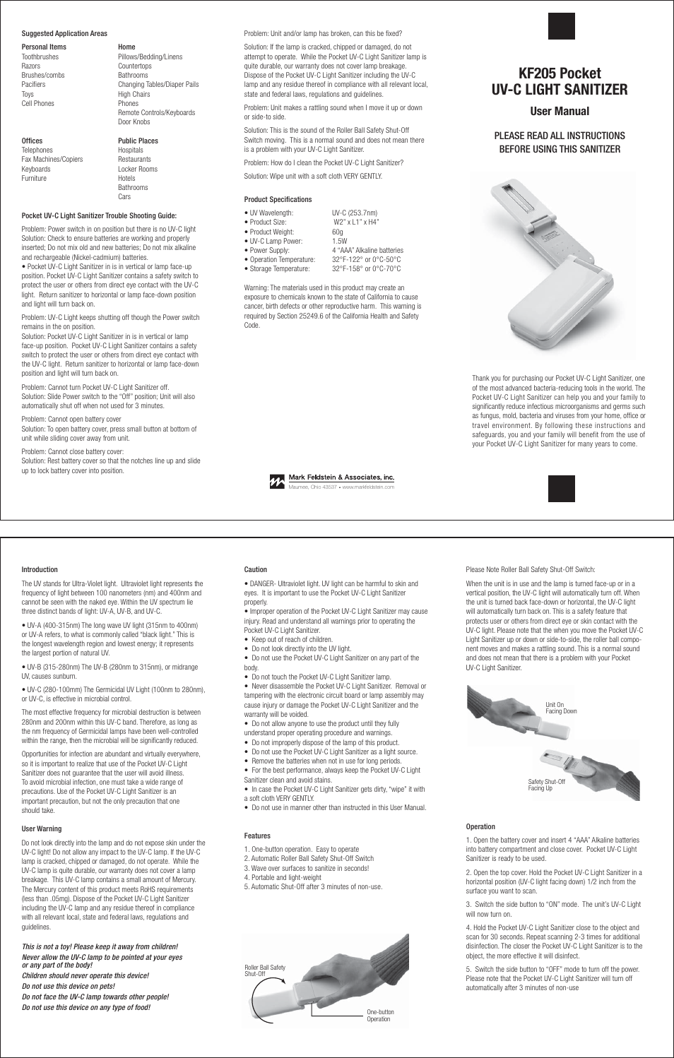 Mark Feldstein & Assoc UV-C LIGHT SANITIZER KF205 User Manual | 1 page