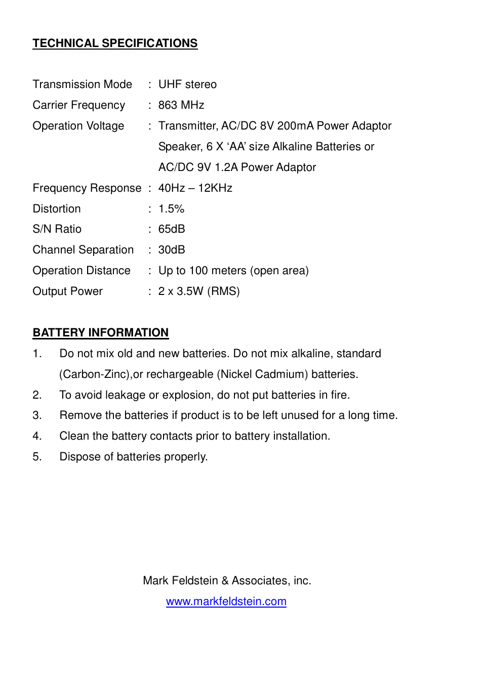 Mark Feldstein & Assoc SP4080 User Manual | Page 8 / 8