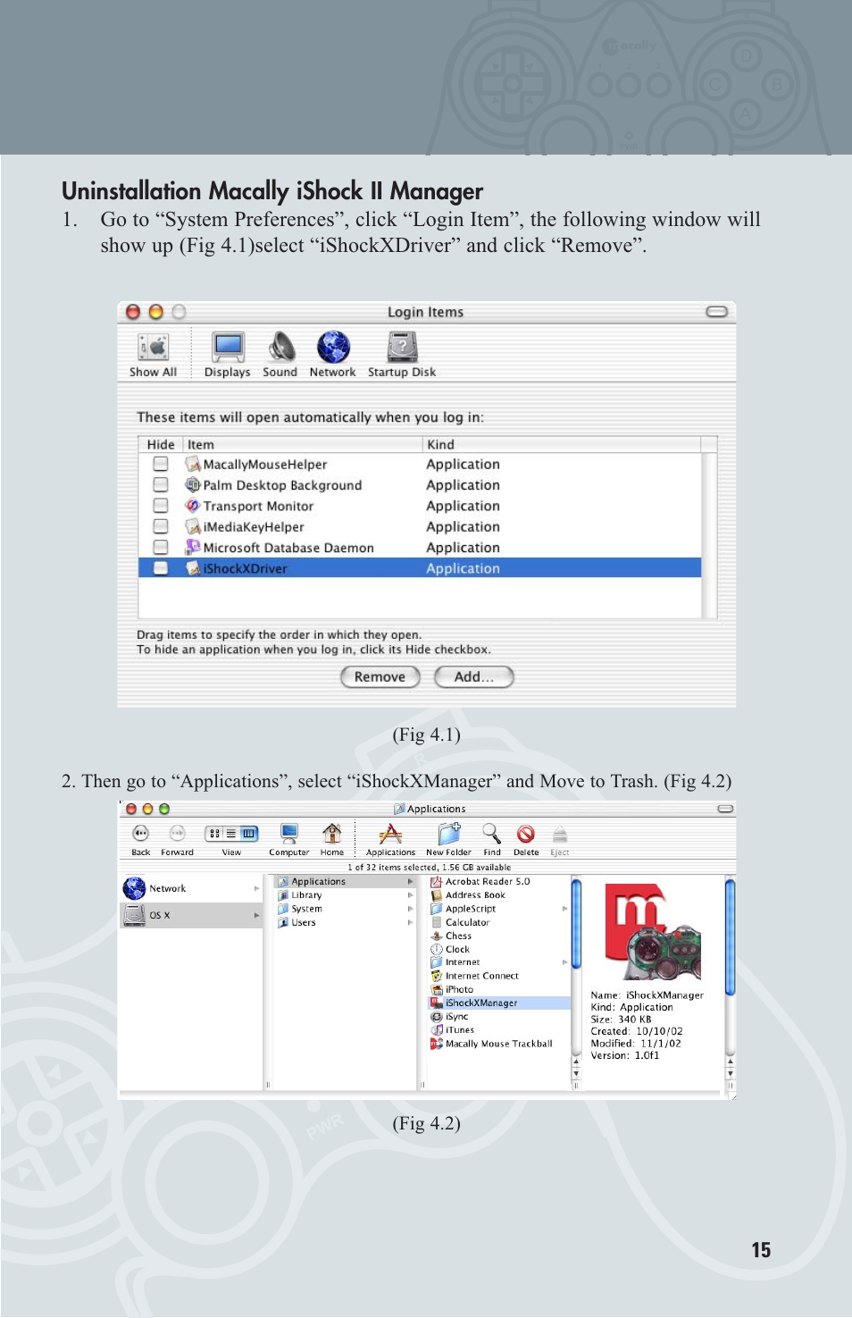 Uninstallation macally ishock ii manager, Ad c b | Macally OS X User Manual | Page 15 / 17