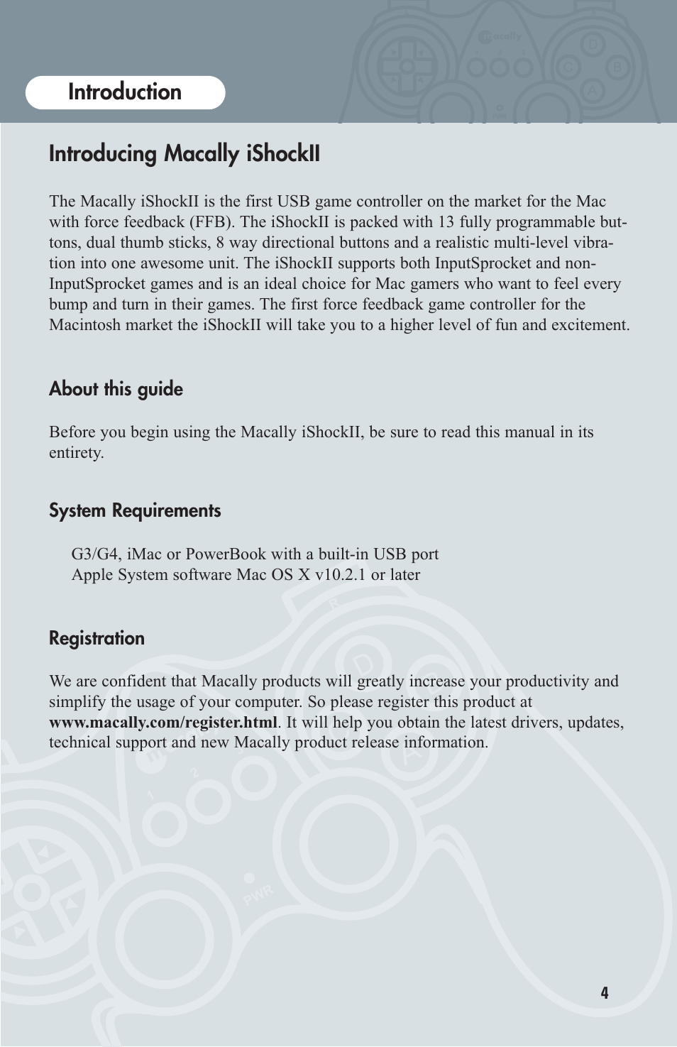 Introduction, Introducing macally ishock ii, About this guide | System requirements, Registration, Ad c b, Introducing macally ishockii | Macally OS X User Manual | Page 4 / 17