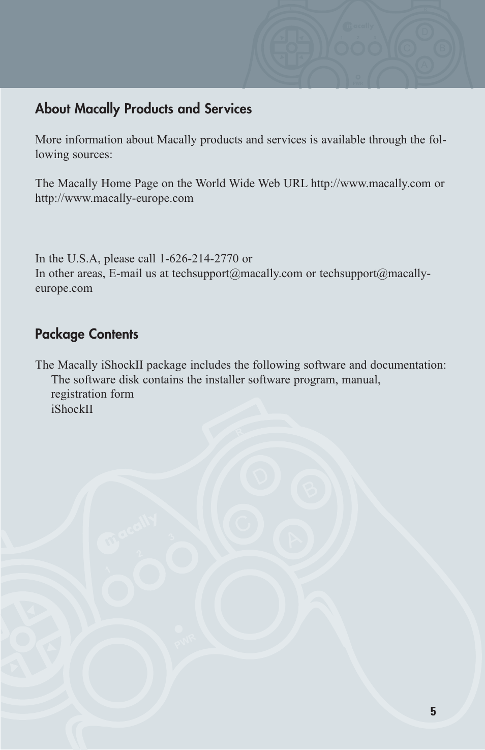 About macally products and services, Package contents, Ad c b | About macally products and s ervices, Macally technical support | Macally OS X User Manual | Page 5 / 17