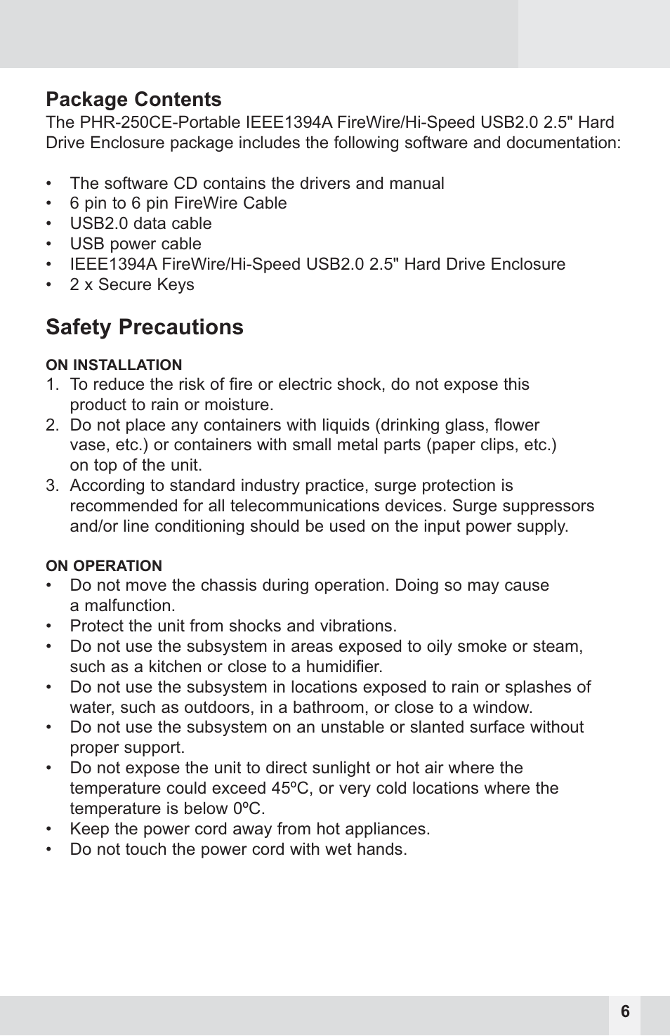 Safety precautions, Package contents | Macally PHR-250CE User Manual | Page 6 / 22