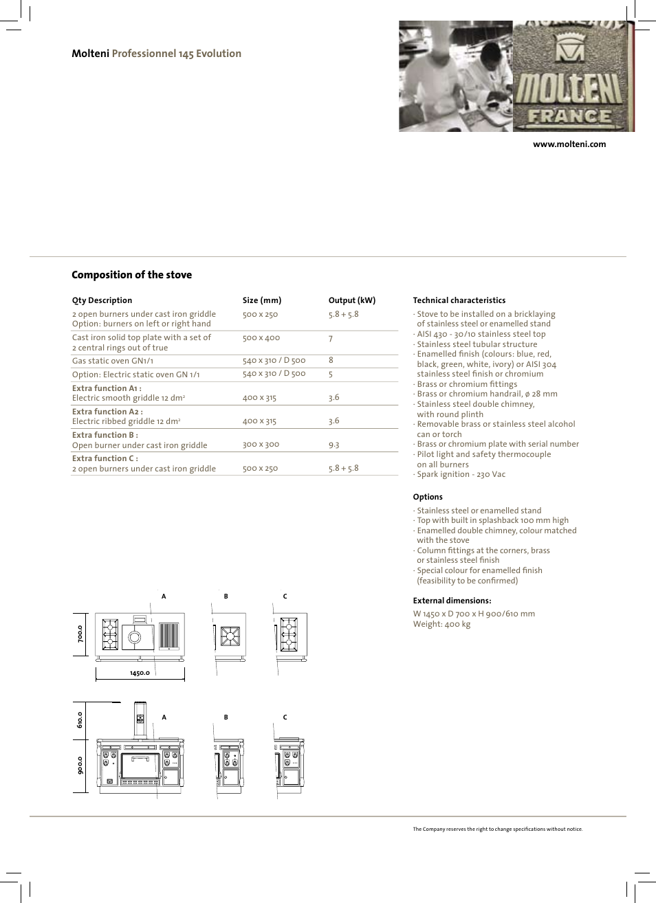 Composition of the stove, Molteni professionnel 145 evolution | Molteni Professional 145 Evolution User Manual | Page 2 / 2