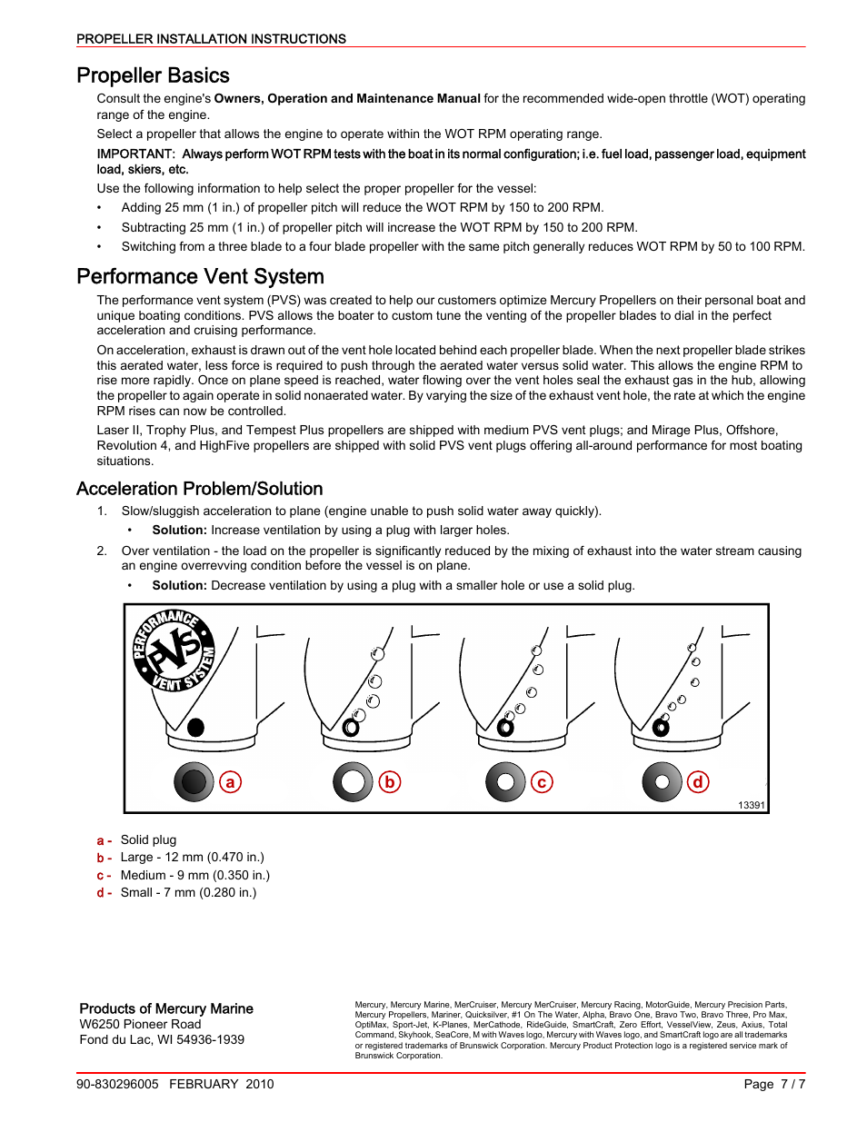 Propeller basics, Performance vent system, Acceleration problem/solution | Ab c d | Mercury Marine 90-830296005 User Manual | Page 7 / 7