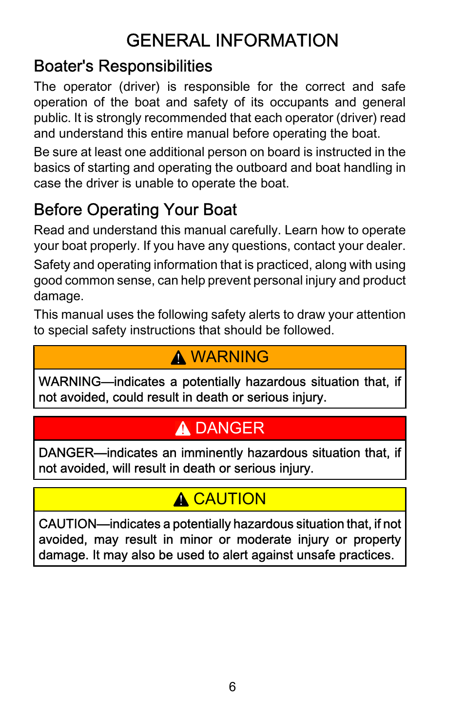 General information, Boater's responsibilities, Before operating your boat | Warning, Danger, Caution | Mercury Marine AirDeck 899194001 User Manual | Page 10 / 40