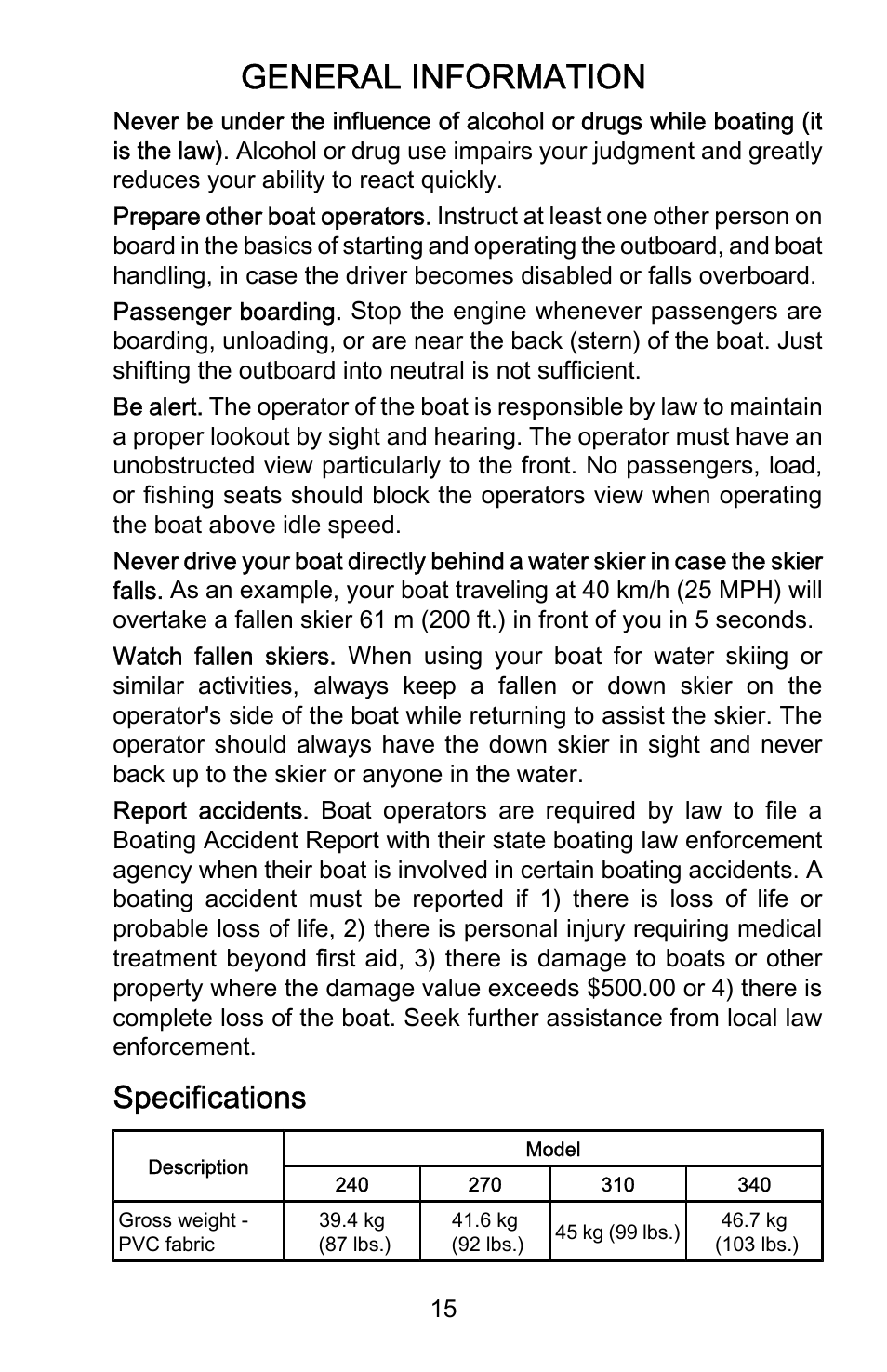 Specifications, General information | Mercury Marine AirDeck 899194001 User Manual | Page 19 / 40