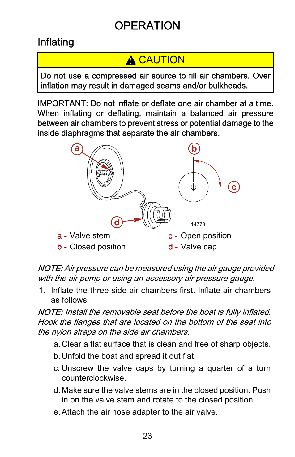 Operation, Inflating, Caution | Mercury Marine AirDeck 899194001 User Manual | Page 27 / 40