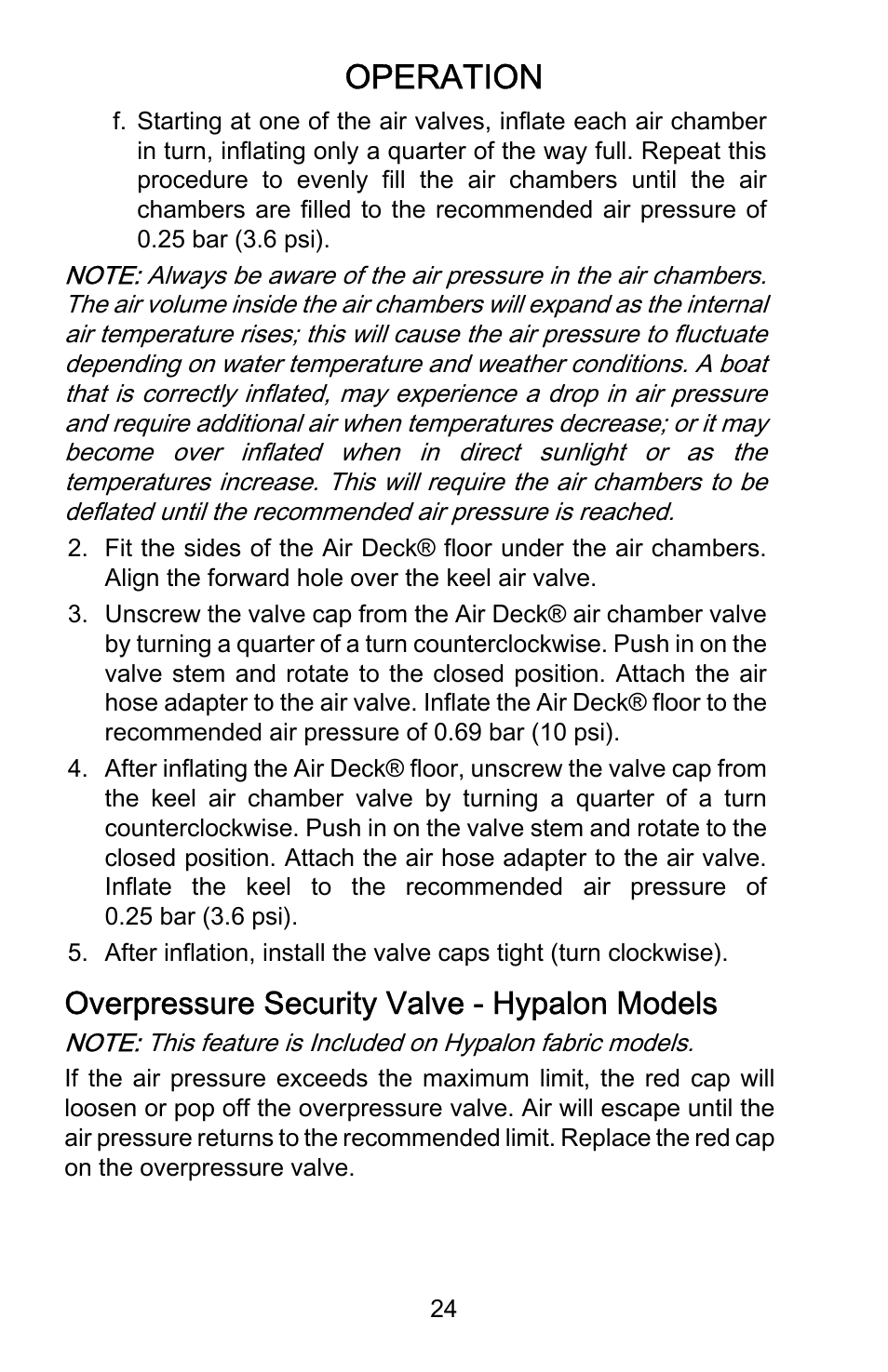 Overpressure security valve - hypalon models, Operation, Overpressure security valve ‑ hypalon models | Mercury Marine AirDeck 899194001 User Manual | Page 28 / 40