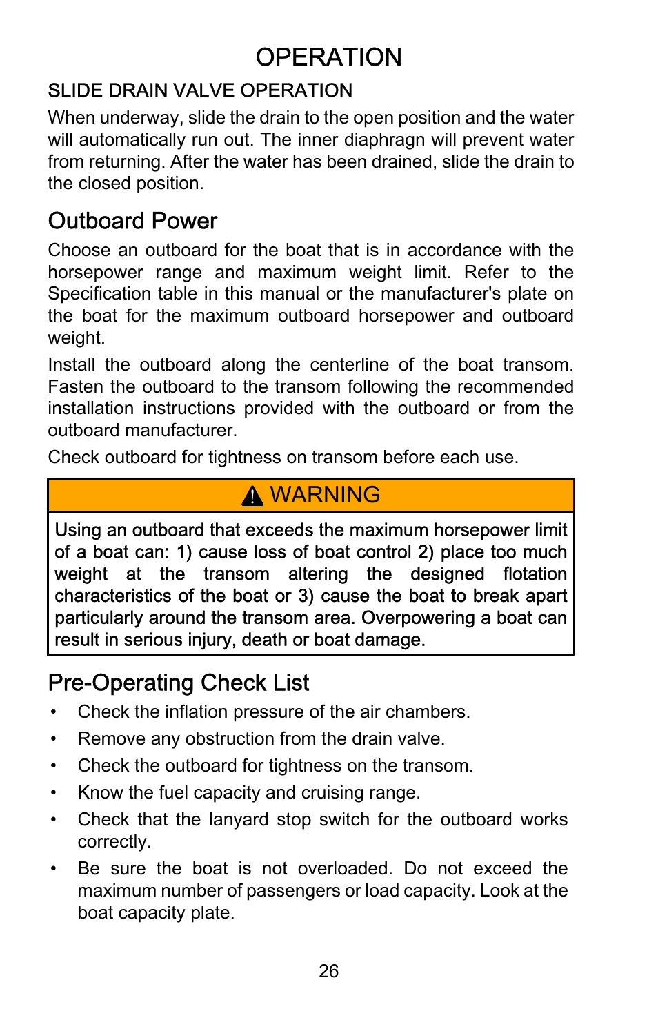 Outboard power, Pre-operating check list, Operation | Warning, Pre‑operating check list | Mercury Marine AirDeck 899194001 User Manual | Page 30 / 40