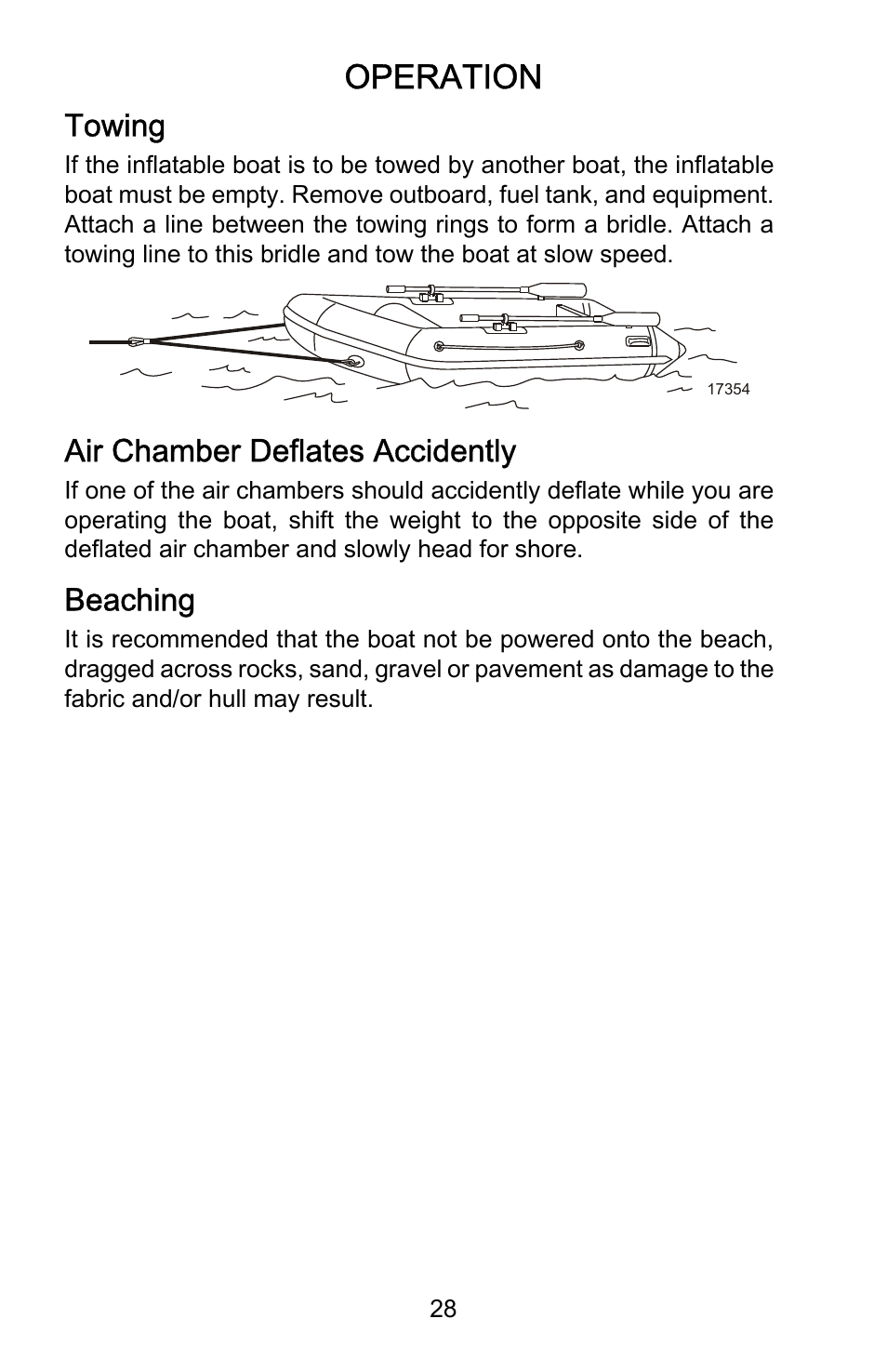 Towing, Air chamber deflates accidently, Beaching | Operation | Mercury Marine AirDeck 899194001 User Manual | Page 32 / 40