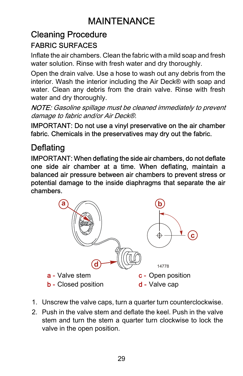 Maintenance, Cleaning procedure, Deflating | Mercury Marine AirDeck 899194001 User Manual | Page 33 / 40