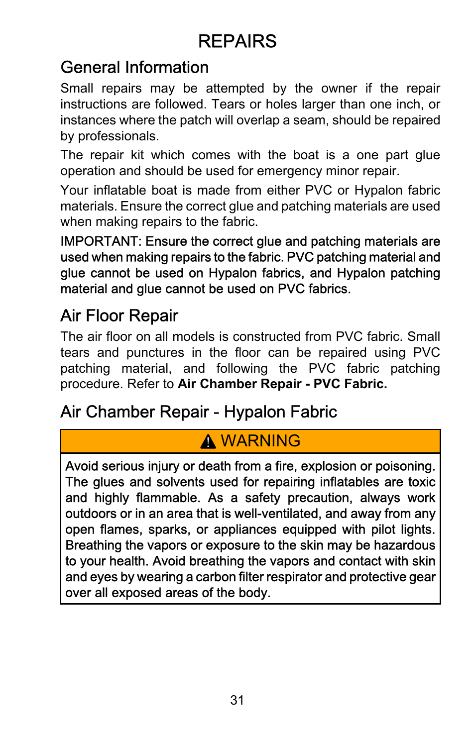 Repairs, General information, Air floor repair | Air chamber repair - hypalon fabric, Air chamber repair ‑ hypalon fabric, Warning | Mercury Marine AirDeck 899194001 User Manual | Page 35 / 40