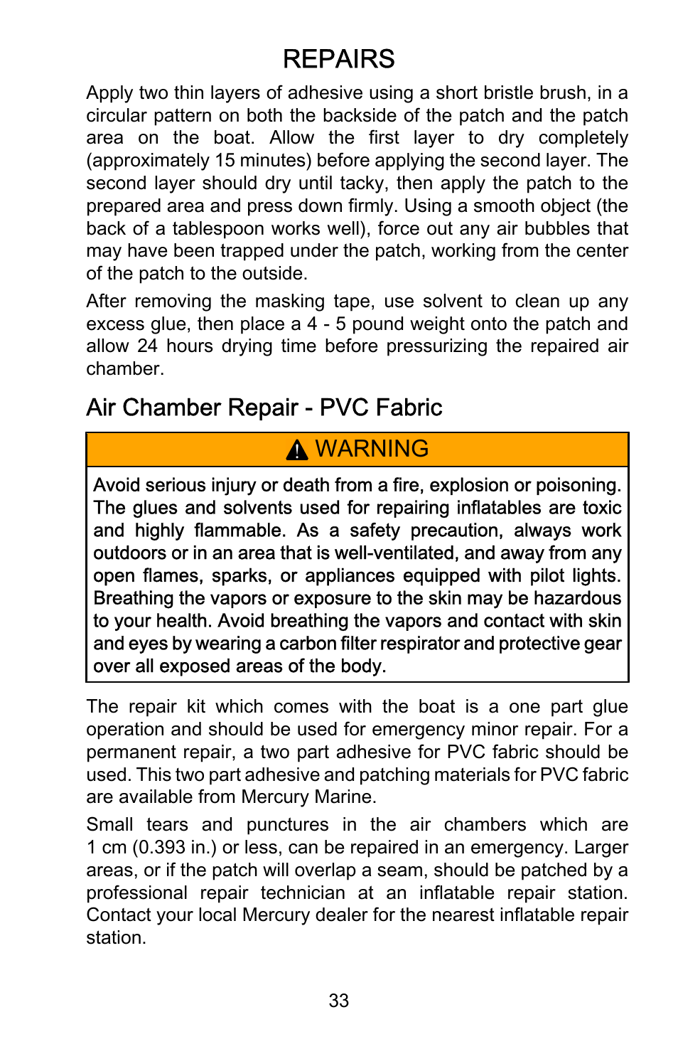 Air chamber repair - pvc fabric, Repairs, Air chamber repair ‑ pvc fabric | Warning | Mercury Marine AirDeck 899194001 User Manual | Page 37 / 40