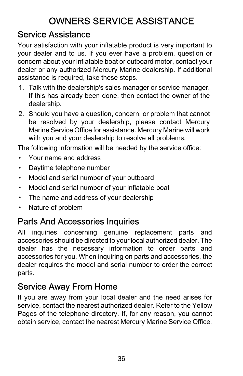 Owners service assistance, Service assistance, Parts and accessories inquiries | Service away from home | Mercury Marine AirDeck 899194001 User Manual | Page 40 / 40