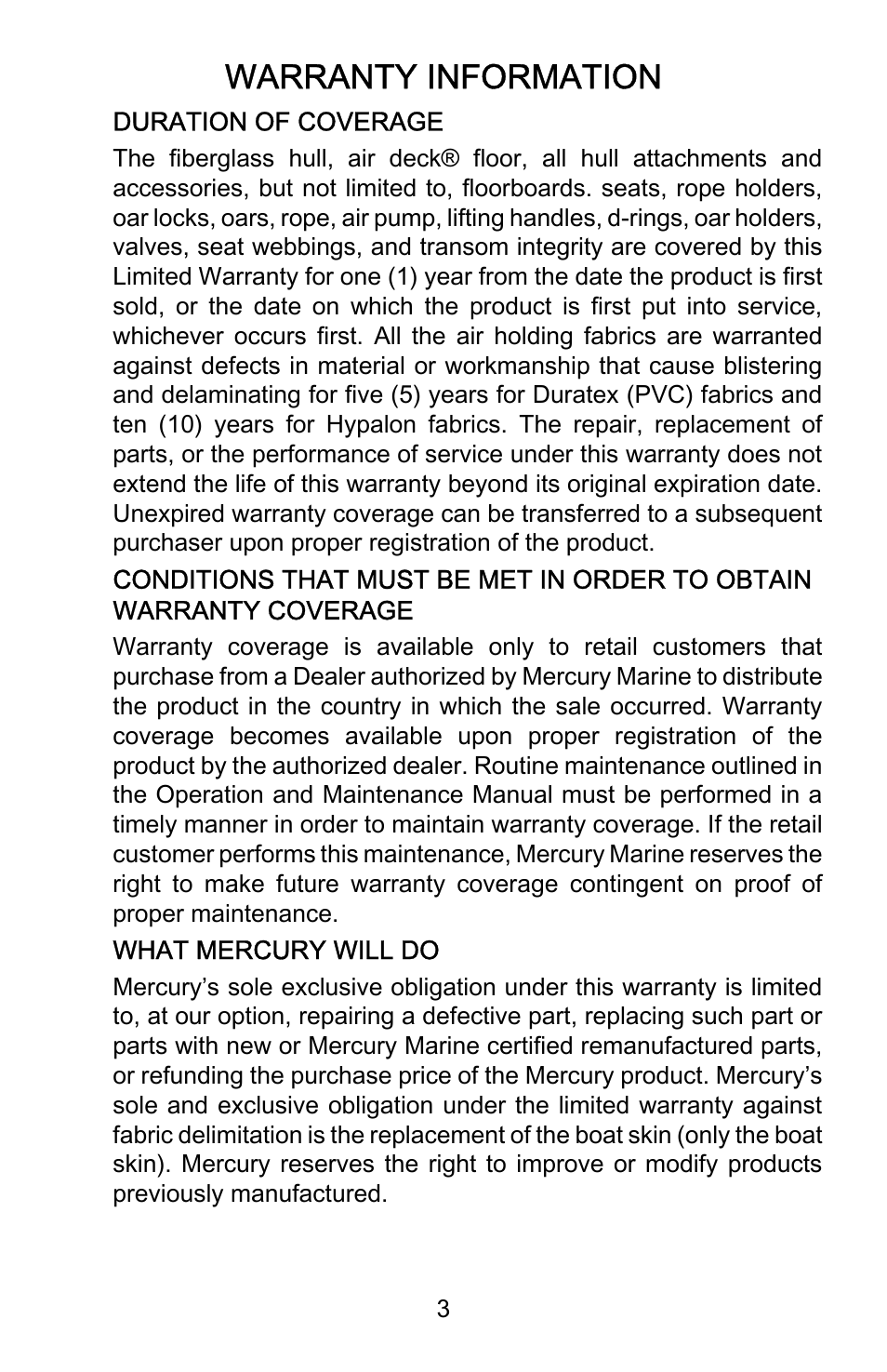 Warranty information | Mercury Marine AirDeck 899194001 User Manual | Page 7 / 40