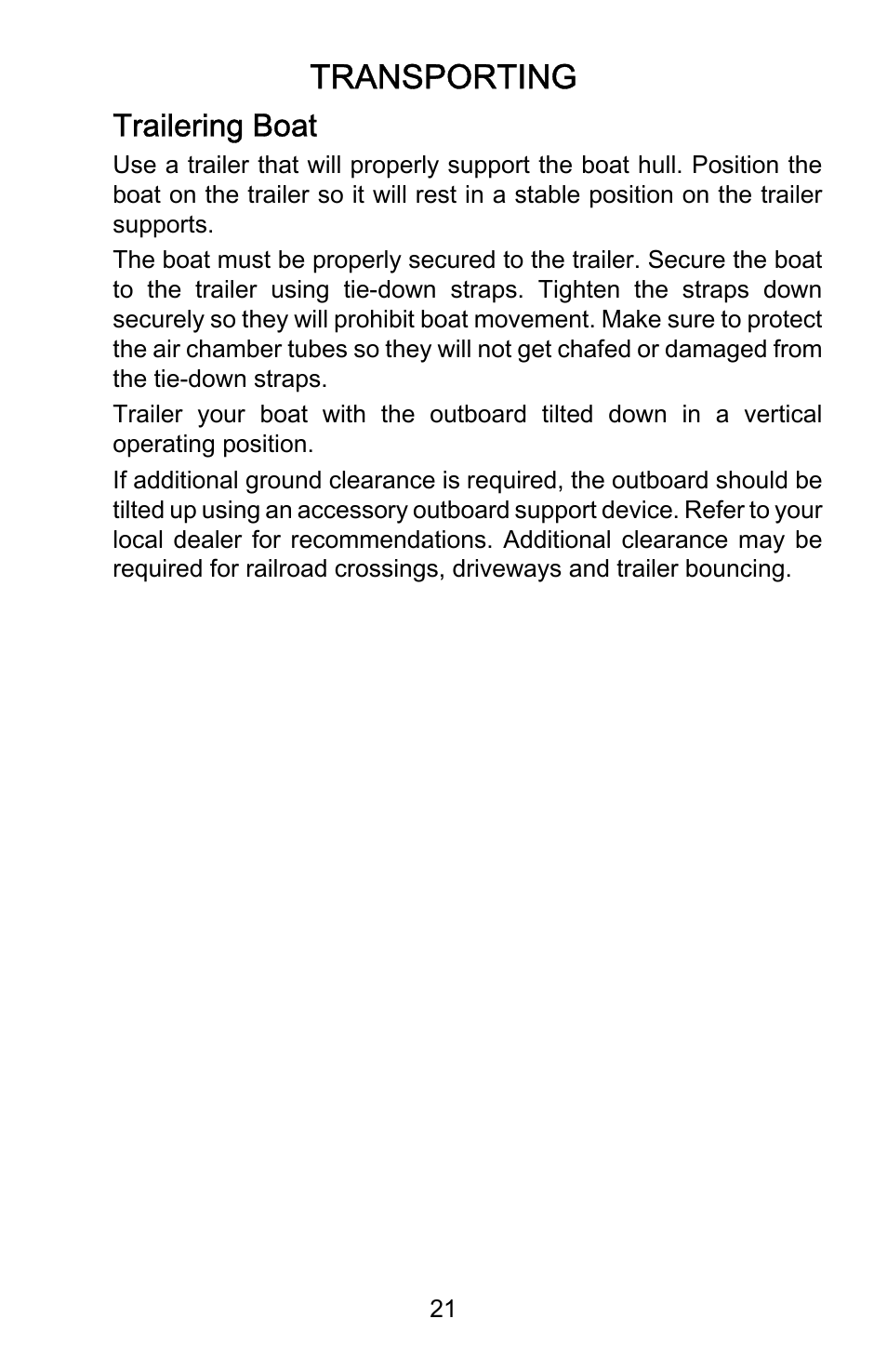 Transporting, Trailering boat | Mercury Marine Sport 899183001 User Manual | Page 25 / 42